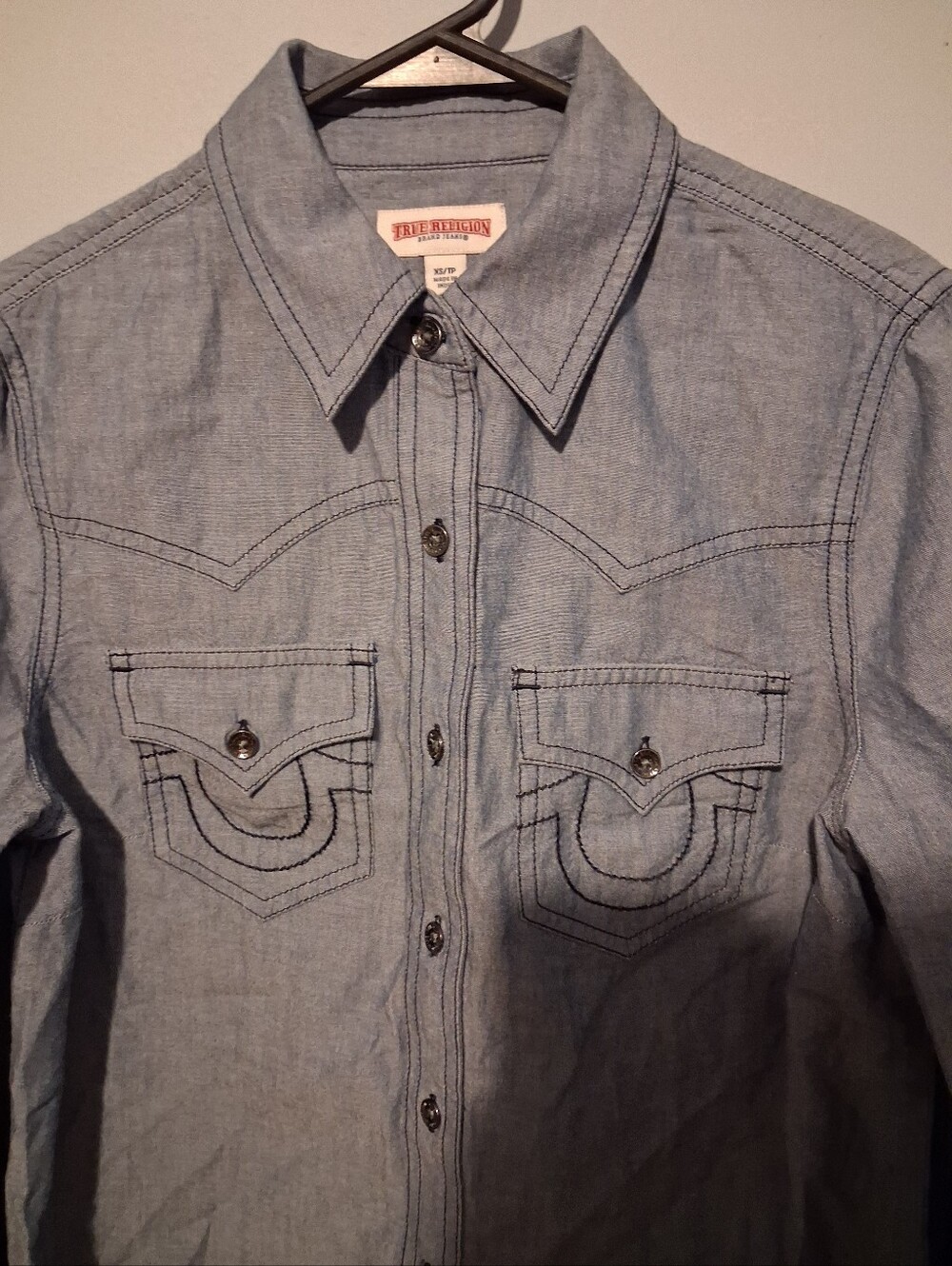True Religion Western Shirt Womens Large Grey Snap Button Long Sleeve Cowgirl